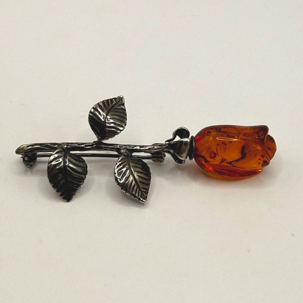 Vintage Brooch 925 STERLING SILVER Baltic Amber Art Noveau Rose Flower Pin